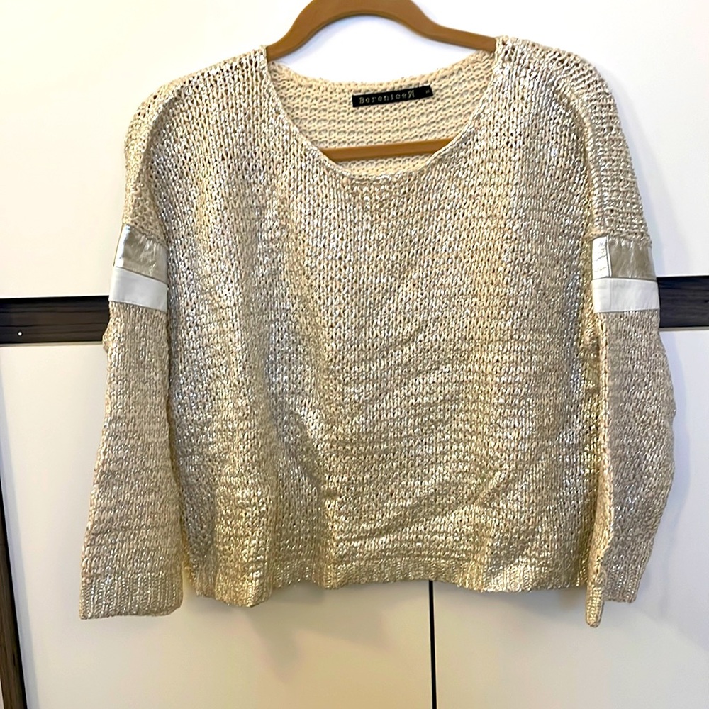 Silver and rose gold metallic open knit sweater with leather detail